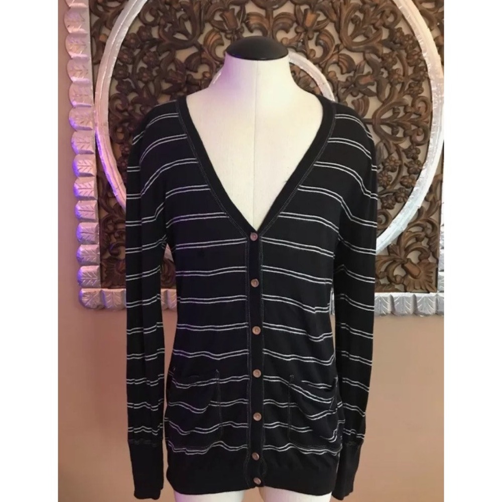 Roxy Deep V-Neck Button‎ Cardigan Sweater Sz S Black/White Stripe